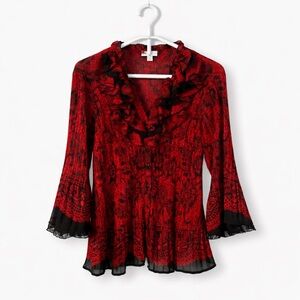Dressbarn Vibrant Red and Black Ruffle Top
